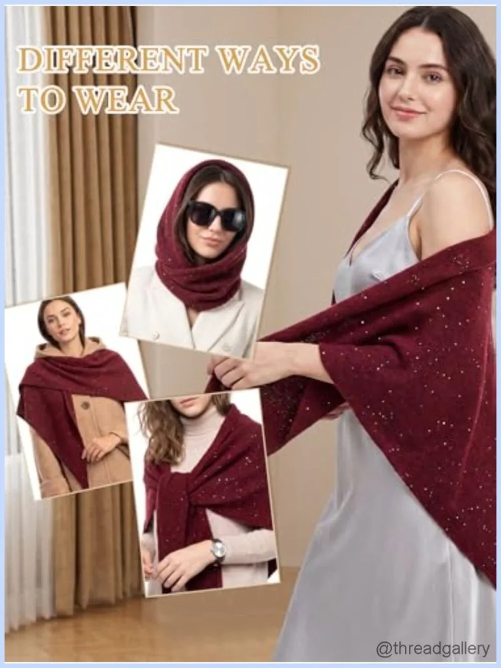 Women Sequin Shawl Wrap Triangle Poncho Wool Blend Capelet Evening Party